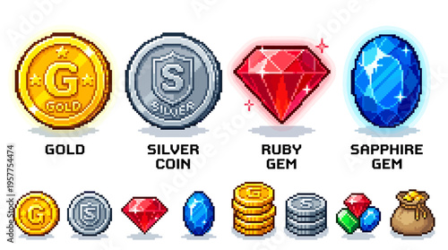 Collection of pixel art game assets including coins, gems, and a money bag, perfect for digital game development and retro-style projects