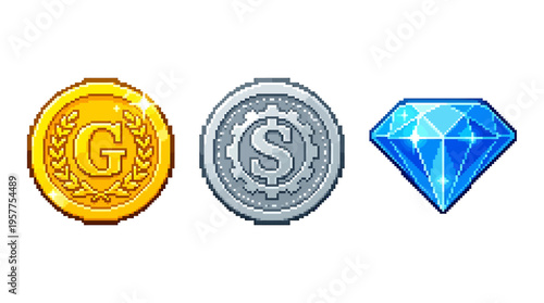 Vibrant digital game assets a golden coin, a silver token, and a sparkling blue gem, symbolizing virtual currency, valuable rewards, and economic systems for fantasy games