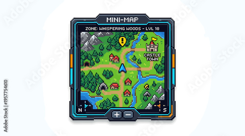 Pixel art fantasy game map on futuristic device, showing adventure path through woods, mountains, and river to a castle, ideal for game user interface design