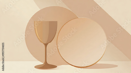 Minimalist clean flat illustration of Passover theme with wine glass and matzah plate on beige background, modern holiday graphic design