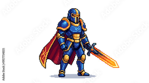 Pixel Art Knight Warrior in Blue and Red Armor with Fiery Sword Illustration