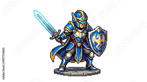 Pixel Art Warrior with Sword and Shield in Blue Armor, Ready for Battle in a Fantasy Game
