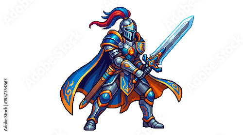 Majestic armored knight illustration, poised with a gleaming sword, embodying strength and medieval heroism, ready for epic battles and valiant quests