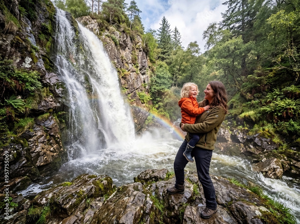 Obraz premium A mother holds her child in front of waterfall