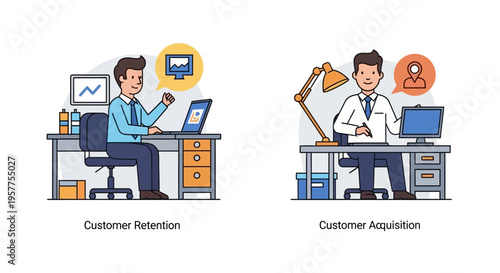 Business strategies for client retention and new customer acquisition, illustrating growth and management concepts