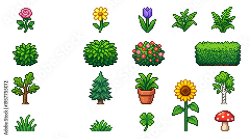 Collection of Pixel Art Elements Featuring Various Plants, Flowers, and Fungi for Digital Design Projects
