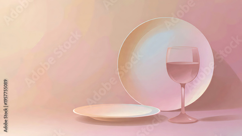Minimalist Passover Table Setting with Empty Plate and Glass of Wine in Soft Pastel Environment, Clean Modern Branding Background