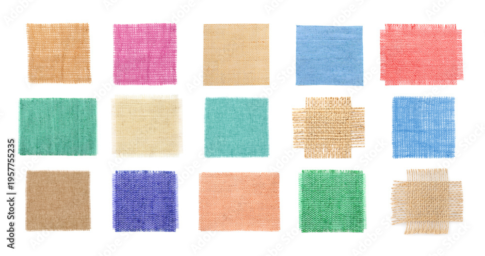 Fototapeta premium Pieces of natural burlap fabric in different colors on white background, set