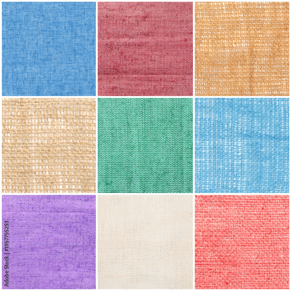 Fototapeta premium Pieces of natural burlap fabric in different colors as background, set