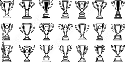 Black and White Line Art Trophies Vector, Award Cups Collection, Vector Stock Illustration