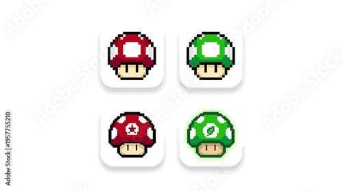 Vibrant pixelated fungi symbols in a classic retro game style, ideal for digital power-up icons, app interfaces, and creative graphic design projects