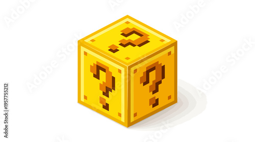 Golden pixelated cube adorned with bold question marks, symbolizing the thrilling anticipation of discovery and hidden rewards within a nostalgic digital game