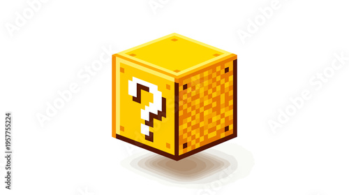Retro pixel art style golden cube with a prominent question mark, symbolizing mystery, luck, and hidden content in a digital design
