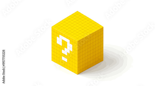Yellow pixelated cube with a question mark symbol, representing mystery and discovery in a digital world