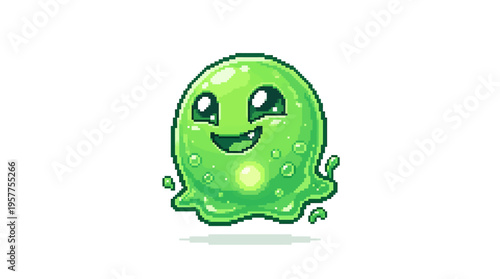 Cute green slime character with a happy face and bubbling texture, cartoon illustration