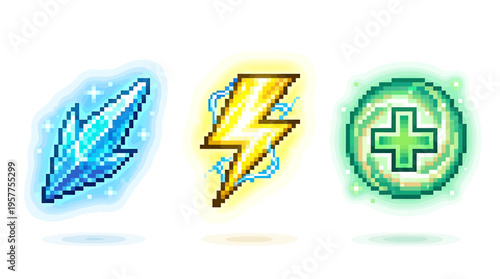 Vibrant pixel art game icons set featuring elemental abilities ice magic, electric power, and health regeneration effects for fantasy adventure projects and digital media