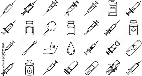 Medical Icons: Syringes, Vials, Cotton Swabs, Band-Aid, Droplet, Vaccine Box