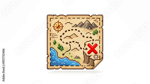 Pixel art treasure map with marked 'X' leading to buried riches and adventure on a distant island