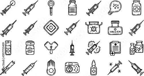 Hand-drawn Black and White Line Art Medical and Vaccination Icons Set. Healthcare Doodle Symbols for Syringes, Vials, Medicine, and Virus in Sketch Style.