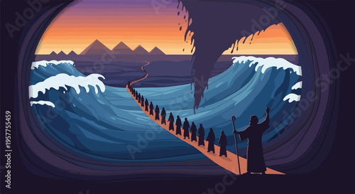 Moses leads the Israelites across the parted Red Sea, with Egyptian pyramids visible on the distant horizon at sunset.