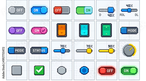 Collection of digital switch and slider controls, user interface elements for software and apps