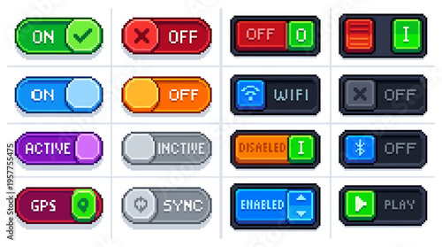 Pixel art toggle switches and UI buttons for modern game interfaces, featuring diverse on/off, active, and disabled states