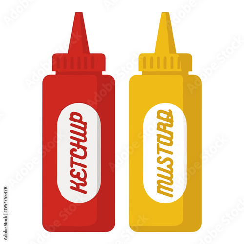 Red ketchup bottle and yellow mustard bottle, perfect for your dining experience. 