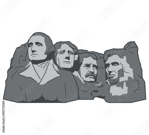 Mount Rushmore carving of famous US presidents against simple background. 