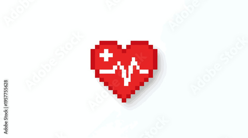 Pixelated Heartbeat Icon Representing Health, Cardiology, and Medical Care, with a Plus Symbol indicating life-saving