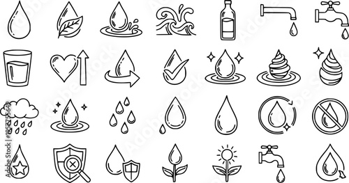Water Icons Set: Line Art Collection of Drops, Faucets, and Health Symbols for Hydration and Purity