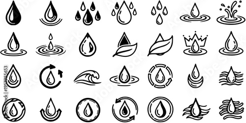 Clean Black and White Line Art Icons of Water Drops and Waves for Eco and Nature Themes