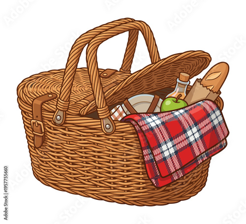 A charming picnic basket filled with food, ready for an outdoor feast. It's overflowing with goodies, perfect for a sunny day