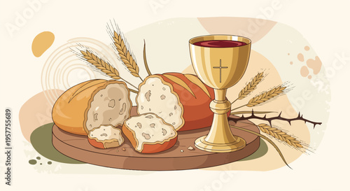 Golden chalice filled with red wine, rustic loaves of bread, and wheat stalks arranged on a wooden board, symbolizing Christian communion.