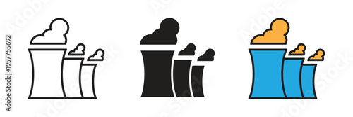 Energy Cooling Towers Vector Icon. Vector illustration of cooling towers with steam, representing nuclear energy, power generation, thermal plants, and industrial engineering concepts.