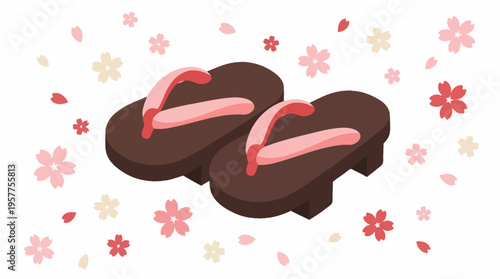Brown flip flops with pink straps. Vector Illustrations. EPS Editable