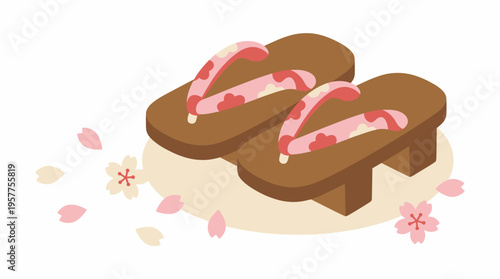 Brown Japanese sandals with pink straps. Vector Illustrations. EPS Editable