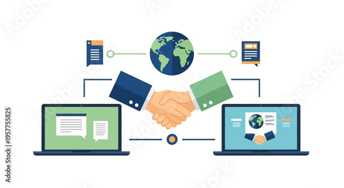 Business partnership handshake global deal. Vector Illustrations. EPS Editable