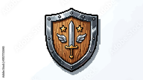 Stylized pixel art shield with a heroic sword, elegant wings, and shining stars, an emblematic graphic for achievements, courage, and victory