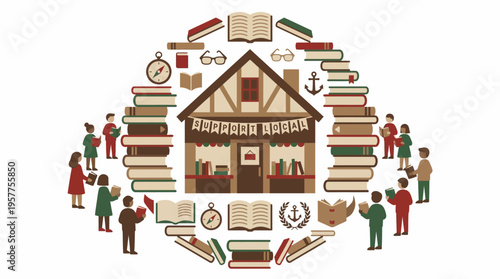 Charming Bookstore Surrounded by Diverse Readers and Books. Vector Illustrations. EPS Editable