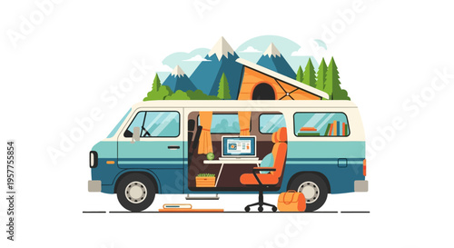 Camping van setup with open door and laptop. Vector Illustrations. EPS Editable