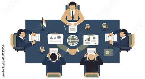 Business people sitting around meeting table. Vector Illustrations. EPS Editable