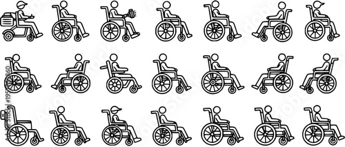 Black and White Line Art Icons of People in Wheelchairs, Medical and Accessibility Symbols
