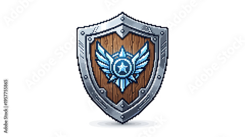 Medieval style shield with blue star emblem, representing strength and achievement, perfect for games and awards