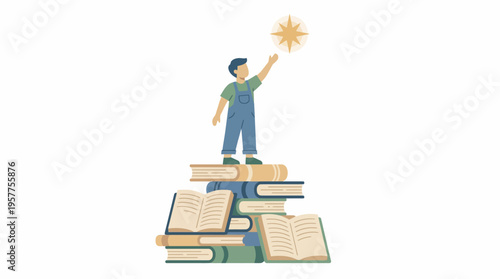 Child reaching for a star while standing on a stack of books. Vector Illustrations. EPS Editable