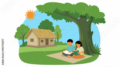 Children Reading Together Outdoors Under a Tree. Vector Illustrations. EPS Editable