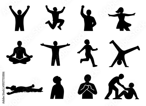Positive Mindset Human Silhouettes Set Joy Meditation Growth Support Icons