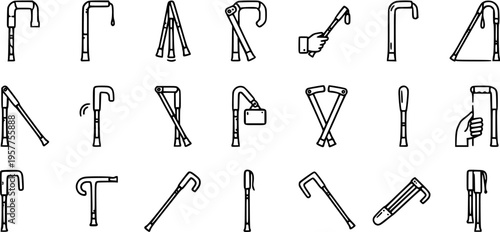 Medical Walking Aids Line Art Icons Set. Outline Canes, Crutches, and Mobility Devices for Healthcare, Elderly Care and Disability Support.