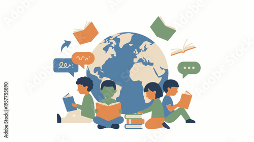 Children sitting with books and laptops. Vector Illustrations. EPS Editable