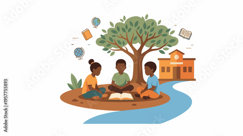 Children sitting under a tree learning. Vector Illustrations. EPS Editable