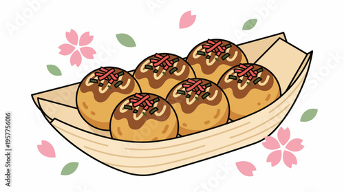 Delicious Japanese Takoyaki Octopus Balls Served in a Traditional Wooden Boat. Vector Illustrations. EPS Editable